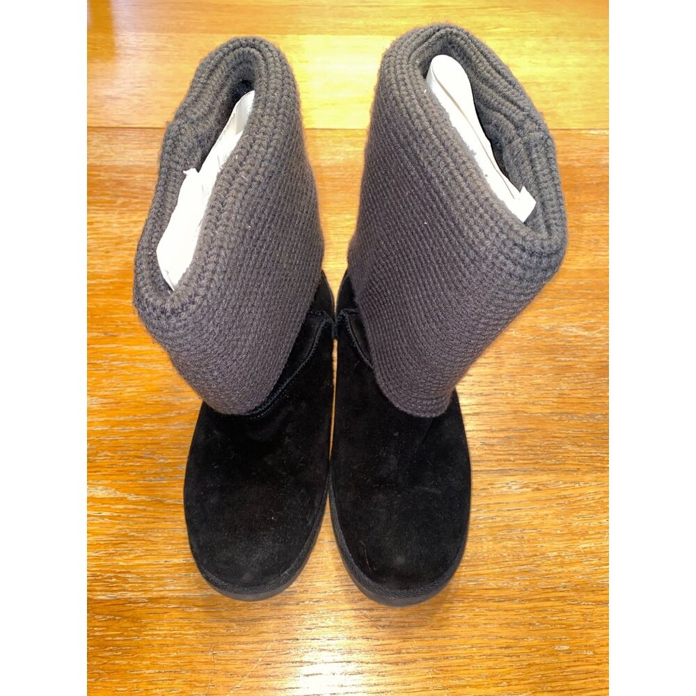 Black Fold-Over Knit Cuff Suede Boots With Button Detail For Women